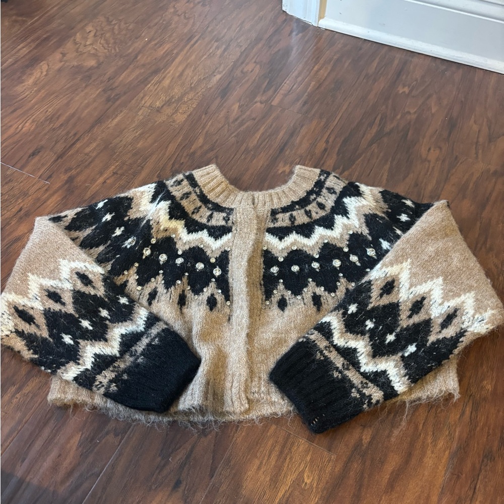 Anthropologie Fair Isle Cropped Cardigan Brown Motif One Size - Picture 3 of 4